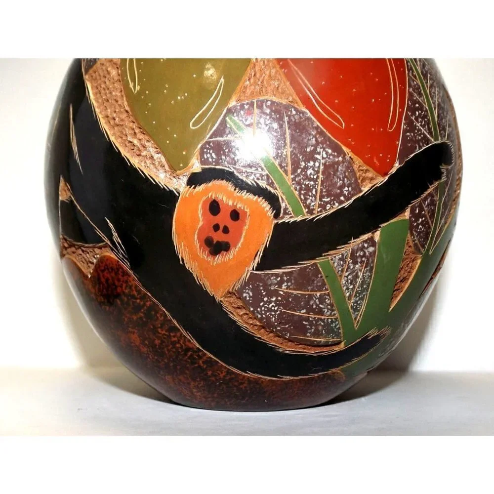 Hand Made South American Round Pottery Vase Signed Jungle Animals 7